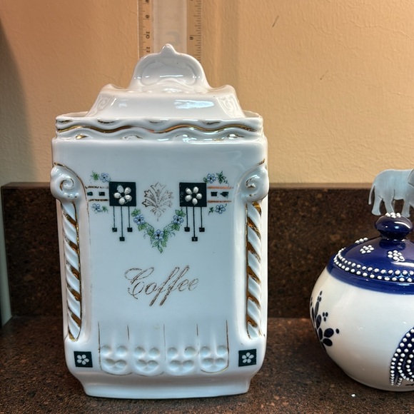 Vintage Antique German White Porcelain Coffee Canister Jar Gold Gilt Blu Grn Blk - Picture 12 of 13